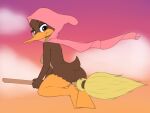  alfred_j._kwak_(series) anatid anseriform anthro avian beak billboi bird broom brown_body brown_eyes brown_feathers butt cleaning_tool cloak clothing detailed_background duck feathers female flying hi_res looking_back mostly_nude sitting sky solo winnie_(ajk) 