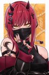  1girl absurdres alternate_costume artist_name bangs bare_shoulders black_nails black_shirt breasts chain chainsaw_man choker cross fingerless_gloves gantai-_(gxntai) gloves highres horns jewelry long_hair looking_at_viewer makima_(chainsaw_man) mask medium_breasts mouth_mask red_hair ring ringed_eyes shirt solo tattoo yellow_background yellow_eyes 