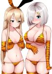  2girls absurdres animal_ears animal_print bikini blonde_hair blue_eyes blush breast_envy breasts cleavage elbow_gloves eyebrows_visible_through_hair eyes_visible_through_hair fake_animal_ears gloves grey_eyes hair_ornament hairclip hamakaze_(kancolle) hand_on_own_stomach hands_on_own_chest highres kantai_collection large_breasts long_hair multiple_girls orange_bikini shimakaze_(kancolle) short_hair silver_hair small_breasts string_bikini swimsuit thighhighs tiemu_(man190) tiger_print 