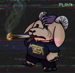  adamayster aesoth_(adamayster) anthro black_tears bottomwear bovid caprine cigarette cigarette_in_mouth cigarette_smoke clothed clothing denim denim_clothing dot_eyes fur goat hair horn jeans long_horn male mammal markings meme pants purple_hair ralsei_smoking_blunt sad shirt smoking solo standing t-shirt t-shirt_design topwear vhs vhs_tape yellow_body yellow_fur 