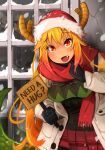  1girl alternate_breast_size alternate_costume black_gloves blonde_hair blush breasts coat colored_tips english_text eyebrows_visible_through_hair fang gloves green_sweater hat highres holding holding_sign khyle. kobayashi-san_chi_no_maidragon leaning_forward long_hair long_sleeves looking_at_viewer medium_breasts outdoors patterned_clothing pleated_skirt pointing pointing_at_self red_headwear red_scarf red_skirt reflection santa_hat scarf sidelocks sign skirt slit_pupils smile snow snowing solo sweater tareme tohru_(maidragon) upper_body very_long_hair window winter_clothes winter_coat 