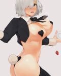  1girl black_jacket black_legwear blue_eyes breasts cropped_jacket hair_ornament hair_over_one_eye hairclip hamakaze_(kancolle) heart_pasties highres jacket kantai_collection large_breasts looking_at_viewer meme_attire necktie pasties reverse_bunnysuit reverse_outfit short_hair silver_hair simple_background solo thighhighs twisted_torso wasavi_8 white_background 