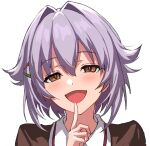  1girl :d blush brown_eyes brown_jacket finger_to_mouth hair_intakes hair_ornament hairclip hand_up idolmaster idolmaster_cinderella_girls index_finger_raised jacket koshimizu_sachiko looking_at_viewer portrait purple_hair shirt simple_background smile solo ulrich_(tagaragakuin) white_background white_shirt 