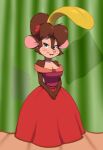  accessory an_american_tail bare_shoulders billboi brown_body brown_fur brown_hair clothed clothing detailed_background don_bluth dress female flower flower_in_hair freckles fur gown hair hair_accessory hi_res looking_at_viewer mammal mouse murid murine plant rodent solo stage standing tanya_mousekewitz whiskers 