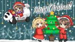  3girls antlers blonde_hair boots bow brown_hair christmas christmas_tree english_text fake_antlers hat kuronon maribel_hearn multiple_girls panda pants plaid plaid_scarf red_pants red_skirt sack santa_costume santa_hat scarf short_hair skirt sleigh snow snowing star_(symbol) touhou usami_renko usami_sumireko white_bow winter 