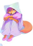  2021 absurd_res anthro aruurara canid canine cheek_tuft clothed clothing disney dress eyelashes facial_tuft fox fully_clothed fur hand_on_knee hand_on_leg headdress hi_res knees_together light lighting looking_at_viewer maid_marian mammal orange_body orange_fur purple_eyes robin_hood_(disney) simple_background sitting smile solo tuft white_background wimple 