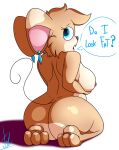  anthro big_butt blue_eyes breast_grab breasts butt chubby_female dialogue ear_piercing female hand_on_breast hi_res kayla_(lechugansfw) lechugansfw mammal mature_female mouse murid murine nude piercing rear_view rodent simple_background slightly_chubby solo 