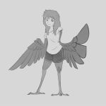  1girl bird_legs crowanon crowgirl feathered_wings feathers greyscale harpy long_hair messy_hair monochrome monster_girl original solo source_request talons winged_arms wings 