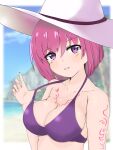  1girl artist_request bikini bikini_top breasts cleavage hat highres large_breasts looking_at_viewer nel_zelpher purple_eyes red_hair short_hair smile solo star_ocean star_ocean_anamnesis star_ocean_till_the_end_of_time swimsuit tattoo 