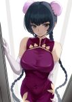  1girl arm_behind_back black_hair blush braid breasts brown_eyes bun_cover china_dress chinese_clothes closed_mouth commentary covered_navel cowboy_shot curvy double_bun dress elbow_gloves eyebrows_visible_through_hair gloves gundam gundam_00 kesoshirou large_breasts lips long_hair looking_at_viewer purple_dress simple_background sleeveless sleeveless_dress smile solo standing taut_clothes taut_dress twin_braids twintails wang_liu_mei white_background white_gloves 