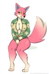  2021 animal_crossing anthro bedroom_eyes bottomless breasts canid canine canis cleavage clothed clothing female freya_(animal_crossing) front_view full-length_portrait fur hi_res jacket licking licking_lips licking_own_lips looking_at_viewer mammal narrowed_eyes nintendo open_clothing open_jacket open_topwear pink_body pink_fur portrait seductive self_lick sitting solo tongue tongue_out topwear video_games vtza wolf yellow_sclera 