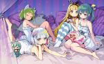  4girls absurdres ahoge alyce_(dohna_dohna) animal_ears antenna_(dohna_dohna) bangs bed blonde_hair blunt_bangs bob_cut braid chinese_commentary dohna_dohna_issho_ni_warui_koto_o_shiyou dress eating fish fish_pillow food_in_mouth green_eyes green_hair hair_ornament hair_tie hairband hairclip hand_on_own_cheek hand_on_own_face heart heart_hair_ornament heterochromia highres holding holding_magazine holding_stuffed_toy kuma_(dohna_dohna) long_hair looking_at_viewer lying magazine_(object) medico_(dohna_dohna) multiple_girls nightgown on_stomach outstretched_arm pajamas pillow ponytail porno_(dohna_dohna) reading short_hair silver_hair sitting striped striped_legwear stuffed_toy thighhighs tiramisu_(6822816123) white_dress yammy_(dohna_dohna) yokozuwari 