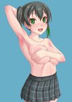  arm_across_chest arm_behind_head arm_up armpits bangs blue_background breasts collarbone covering covering_breasts eyebrows_visible_through_hair fingernails green_eyes green_hair looking_at_viewer love_live! love_live!_nijigasaki_high_school_idol_club open_mouth short_twintails simple_background skirt smile squishing stomach sweat takasaki_yuu tenrai_(temple) topless twintails wet 