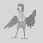  1girl bird_legs crowanon crowgirl feathered_wings feathers greyscale harpy medium_hair messy_hair monochrome monster_girl original scarf skirt solo source_request sweater talons winged_arms wings 