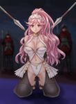  1girl 2boys armlet arms_behind_back bare_shoulders blurry blurry_background braid breasts choker cleavage collarbone dancer depth_of_field fire_emblem fire_emblem_awakening groin hairband hazuki_(nyorosuke) highres kneeling large_breasts long_hair midriff multiple_boys navel olivia_(fire_emblem) pink_hair polearm purple_eyes restrained revealing_clothes see-through solo_focus spear thighhighs twin_braids weapon 