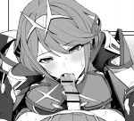  1girl armor breast_press breasts drooling erection fellatio greyscale hair_ornament holding_hands large_breasts licking licking_penis looking_at_viewer monochrome oral penis pov pyra_(xenoblade) saliva saliva_trail short_hair shoulder_armor solo sucking tongue unfinished veins veiny_penis xenoblade_chronicles_(series) xenoblade_chronicles_2 yuuki_shin 