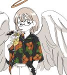  1girl angel angel_wings bangs black_eyes black_shirt bob_cut casual closed_mouth collarbone cowboy_shot cup dress_shirt drink drinking drinking_straw drinking_straw_in_mouth expressionless eyebrows_visible_through_hair feathered_wings floral_print flower food from_side fruit garnish glasses hair_behind_ear hair_between_eyes halo head_tilt high-waist_pants holding holding_cup holding_drink lemon lemon_slice light_brown_hair looking_at_viewer looking_to_the_side monaka_(siromona) original print_shirt refraction semi-rimless_eyewear shirt shirt_tucked_in short_hair short_sleeves simple_background solo standing straight_hair tareme under-rim_eyewear white_background white_wings wide_sleeves wings 