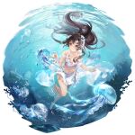  1girl air_bubble barefoot bikini breasts brown_eyes brown_hair bubble fish floating_hair flower full_body game_cg girls&#039;_frontline girls&#039;_frontline_neural_cloud hair_flower hair_ornament highres jellyfish long_hair medium_breasts navel neon_(zuicongming) ocean ocean_bottom official_art round_image sarong seaweed solo swimming swimsuit transparent_background type_64_(girls&#039;_frontline) underwear white_bikini white_sarong white_swimsuit 