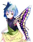  1girl absurdres antennae aqua_hair blush butterfly_wings cowboy_shot dress eternity_larva eyebrows_visible_through_hair fairy green_dress hair_between_eyes highres leaf leaf_on_head multicolored_clothes multicolored_dress nekomarieru open_mouth short_hair short_sleeves simple_background single_strap smile solo touhou white_background wings yellow_eyes 