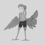  1girl alternate_hairstyle animal_ears bike_shorts bird_ears bird_legs crowanon crowgirl feathered_wings feathers greyscale harpy hood hood_down hoodie monochrome monster_girl original ponytail sleeveless sleeveless_hoodie solo source_request talons winged_arms wings 