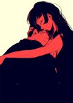  1boy 1girl closed_eyes from_side hand_on_another&#039;s_head hime_cut hug limited_palette long_hair looking_at_viewer midoro monochrome original profile red_theme short_hair 