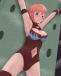  1girl armpits bangs blue_eyes blush breasts chain chained cleavage cross_of_saint_andrew from_below gloves highres leotard navel open_mouth original outstretched_arms pusilapusila red_hair restrained short_hair spread_arms spread_legs sweat thighs tickling 