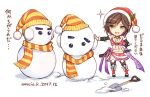  1girl amazio_komeko azami_(saga) bell black_hair black_legwear blue_eyes breasts chibi cleavage fur_trim gloves hat imperial_saga katana mistletoe romancing_saga_2 saga sandals santa_costume santa_hat scarf short_hair snow_cat snowflake_print snowman sword tassel thighhighs translation_request weapon 