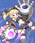  &gt;_o 1girl action arm_up armor armored_boots average-hanzo blonde_hair blue_armor boots breastplate charging_device eyebrows_visible_through_hair floating_hair full_body giant_fist gloves green_eyes hair_ornament hair_ribbon knee_boots leg_up midriff mika_(under_night_in-birth) one_eye_closed open_mouth pixel_art ribbon shorts smile solo thighhighs thighhighs_under_boots twintails under_night_in-birth weapon 