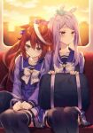  2girls animal_ears aqua_ribbon bag black_legwear blue_eyes brown_hair closed_mouth ear_ribbon eyebrows_visible_through_hair hair_ribbon horse_ears horse_girl long_hair long_sleeves looking_to_the_side mejiro_mcqueen_(umamusume) multicolored_hair multiple_girls pink_ribbon purple_eyes purple_hair ribbon riichu school_uniform sitting streaked_hair thighhighs tokai_teio_(umamusume) tracen_school_uniform umamusume white_hair 