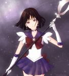  1girl bishoujo_senshi_sailor_moon black_hair choker commentary cowboy_shot earrings floating_hair gloves highres holding holding_polearm holding_weapon jewelry nostalgic_truth pleated_skirt polearm purple_choker purple_hair purple_sailor_collar purple_skirt sailor_collar sailor_saturn sailor_senshi_uniform shirt silence_glaive skirt solo spear star_(sky) star_(symbol) star_choker tomoe_hotaru weapon white_gloves white_shirt 