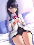  1girl absurdres black_hair blue_eyes gridman_universe highres long_hair orange_scrunchie school_uniform scrunchie solo soruex ssss.gridman takarada_rikka thighs 