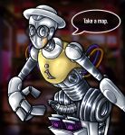  3_fingers animal_genitalia bent_over bodily_fluids clothing crop_top eyewear fingers five_nights_at_freddy&#039;s five_nights_at_freddy&#039;s:_security_breach genital_fluids genital_slit genitals gesture glasses hi_res humanoid machine male map_bot_(fnaf) metal metallic_body mouthless penis pointing precum robot scottgames shirt slit solo solo_focus syndhart topwear video_games wire 