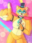  absurd_res anthro beepsweets bodypaint bow_tie bracelet bright brown_body five_nights_at_freddy&#039;s five_nights_at_freddy&#039;s:_security_breach freddy_(fnaf) glamrock_freddy_(fnaf) hi_res jewelry machine male mammal microphone robot scottgames simple_background solo ursid video_games 