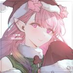  1girl bangs blush character_name chiicoo eyebrows_visible_through_hair fire_emblem fire_emblem_heroes flower fur_trim hair_flower hair_ornament hat long_hair long_sleeves looking_at_viewer mirabilis_(fire_emblem) multicolored_hair official_alternate_costume pink_eyes pink_hair pointy_ears santa_hat sleeves_past_fingers sleeves_past_wrists smile solo white_background 
