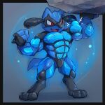  2021 abs absurd_res anthro aura biceps big_muscles black_border bodysuit border clothed clothing digitigrade emanata exercise flexing fur grey_background hi_res huge_muscles male muscular muscular_anthro muscular_male nintendo obliques open_mouth open_smile pecs pok&eacute;mon pok&eacute;mon_(species) quads riolu rock simple_background skinsuit smile solo spikes spikes_(anatomy) standing teeth tight_clothing tongue tuft video_games waddledox weightlifting workout 
