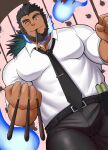  1boy ;) bara beard between_pectorals black_hair black_necktie blue_fire bulge collared_shirt dark-skinned_male dark_skin dutch_angle facial_hair fire food forked_eyebrows formal highres holding holding_food holding_pocky incoming_food incoming_pocky_kiss large_pectorals long_hair looking_at_viewer male_focus mature_male muscular muscular_male necktie necktie_between_pectorals official_alternate_costume one_eye_closed pectorals pocky pocky_day sandayu_(housamo) scar scar_on_cheek scar_on_face shirt smile solo thick_thighs thighs tied_hair tokyo_afterschool_summoners yugyouhijiri 
