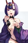  1girl absurdres bangs bare_shoulders bob_cut breasts collarbone eyeliner fate/grand_order fate_(series) headpiece herigaru_(fvgyvr000) highres horns japanese_clothes kimono long_sleeves looking_at_viewer makeup oni oni_horns open_mouth purple_eyes purple_hair purple_kimono revealing_clothes revision short_hair shuten_douji_(fate) skin-covered_horns small_breasts solo wide_sleeves 