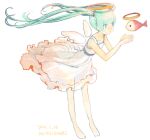  ._. 1girl :o alternate_costume alternate_hair_ornament angel angel_wings animal ao_fujimori aqua_hair bangs bare_arms bare_shoulders barefoot collarbone dated dress fish floating floating_hair from_side full_body goldfish halo hatsune_miku kuuchuu_yuuei_(vocaloid) layered_dress leaning_forward legs_apart long_hair looking_away open_hands parted_lips red_eyes signature simple_background sleeveless sleeveless_dress solo twintails vocaloid white_background white_dress white_wings wind wings 