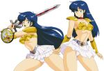  1980s_(style) 1girl armor asou_yuuko bangs bikini_armor blue_eyes blue_hair breasts cleavage collarbone commentary_request cowboy_shot eyelashes gold_armor holding holding_sword holding_weapon long_hair medium_breasts midriff mugen_senshi_valis multiple_views navel oggy open_mouth panties pantyshot red_ribbon retro_artstyle ribbon shield shoulder_pads skirt stomach sword transparent_background underwear valis vambraces weapon white_panties white_skirt 