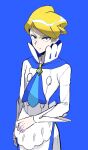  1boy absurdres apron ascot bangs blonde_hair blue_ascot blue_background blue_eyes border closed_mouth commentary_request high_collar highres long_sleeves looking_at_viewer male_focus mikanbako_(aitatadon3) outside_border pants pokemon pokemon_(game) pokemon_xy shirt short_hair siebold_(pokemon) simple_background solo white_border white_pants white_shirt 