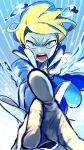  1boy ascot bangs blonde_hair blue_eyes blue_neckwear commentary_request high_collar highres looking_at_viewer male_focus mikanbako_(aitatadon3) open_mouth outstretched_arm pokemon pokemon_(game) pokemon_xy shirt short_hair siebold_(pokemon) solo teeth tongue water white_shirt 