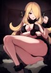  1girl ankle_cuffs arm_under_breasts ass bed_sheet black_bra black_panties blonde_hair blush bra breasts breath cleavage cynthia_(pokemon) feet_out_of_frame fur_(clothing) fur_collar fur_cuffs grey_eyes hair_ornament hair_over_one_eye highres large_breasts legs legs_together long_hair open_mouth panties pillow pokemon pokemon_(game) pokemon_dppt raised_eyebrows sitting skyxperish solo sweat thighs underwear underwear_only very_long_hair wrist_cuffs 