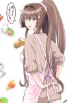  1girl apron blush brown_eyes brown_hair brown_sweater burger coffee cowboy_shot cup eyebrows_visible_through_hair floral_print flower food hair_between_eyes hair_flower hair_ornament heart kantai_collection long_hair long_sleeves nuko_(phylactery) omelet open_mouth pink_apron pink_flower ponytail ribbed_sweater smile solo speech_bubble sweater translation_request very_long_hair yamato_(kancolle) 