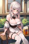 1girl alcohol apron bangs bare_shoulders beer beer_mug bench blush breasts brown_skirt cleavage closed_mouth corset cup flower frills green_eyes hair_flower hair_ornament highres hololive large_breasts long_hair looking_at_viewer mug oyu_(sijimisizimi) shirogane_noel silver_hair sitting skirt solo thighhighs thighs underbust virtual_youtuber waist_apron white_apron white_legwear 