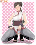  1girl 2018 bare_shoulders breasts brown_eyes brown_hair commentary english_commentary large_breasts naruto:_the_last naruto_(series) naruto_shippuuden panties pussy reward_available smile solo squatting striped striped_panties studio_oppai tenten_(naruto) tongue tongue_out underwear 