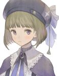  1other androgynous bangs black_headwear blonde_hair blunt_bangs blush brooch cape closed_mouth commentary_request eyebrows_visible_through_hair fujie-yz hat hat_ribbon jewelry original portrait purple_cape purple_eyes ribbon short_hair solo 