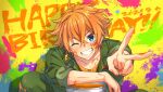  1boy ahoge blue_eyes dated fang from_argonavis grin happy_birthday jumpsuit kaminoshima_fuuta lightning_bolt_symbol male_focus one_eye_closed orange_hair paint paint_can paint_on_clothes paint_splatter paint_splatter_on_face saigi smile solo upper_body v 