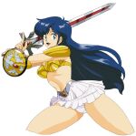  1980s_(style) 1girl armor asou_yuuko bangs bikini_armor blue_eyes blue_hair breasts cleavage collarbone commentary_request cowboy_shot eyelashes gold_armor highres holding holding_sword holding_weapon long_hair medium_breasts midriff mugen_senshi_valis navel oggy open_mouth panties pantyshot red_ribbon retro_artstyle ribbon shield shoulder_pads skirt stomach sword transparent_background underwear valis vambraces weapon white_panties white_skirt 