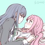  2girls artist_name assertive_female blue_eyes blue_hair blush eye_contact long_hair looking_at_another lying lying_on_person magia_record:_mahou_shoujo_madoka_magica_gaiden mahou_shoujo_madoka_magica multiple_girls nanami_yachiyo on_back pink_eyes pink_hair school_uniform serafuku smile studiozombie tamaki_iroha upper_body wide-eyed yuri 