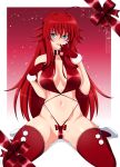  1girl :p antenna_hair ass_visible_through_thighs bangs bare_shoulders blue_eyes blush bow breasts christmas collarbone crossed_bangs earrings english_commentary eyebrows_behind_hair full_body hand_on_own_chest hand_up high_heels high_school_dxd jewelry large_breasts lindaroze long_hair looking_at_viewer midriff navel panties patreon_username red_bow red_hair red_legwear rias_gremory shiny shiny_skin sidelocks sitting solo sparkle_background spread_legs string_panties thighhighs tongue tongue_out twitter_username two-tone_background underwear wariza white_footwear 